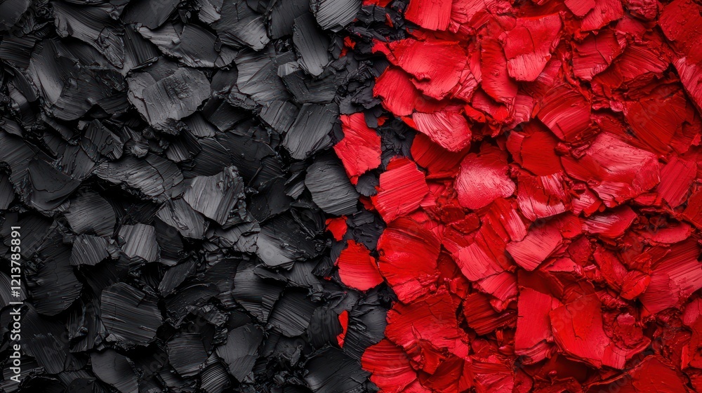 Poster a striking contrast of black and red textures, showcasing an abstract design with layered, fragmente