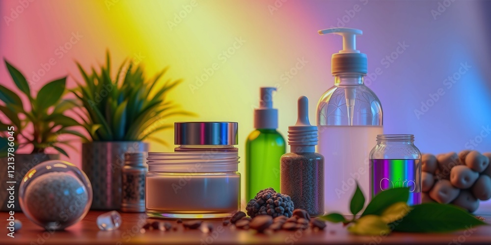 Poster a table with many bottles and jars of various sizes and shapes. the bottles and jars are filled with