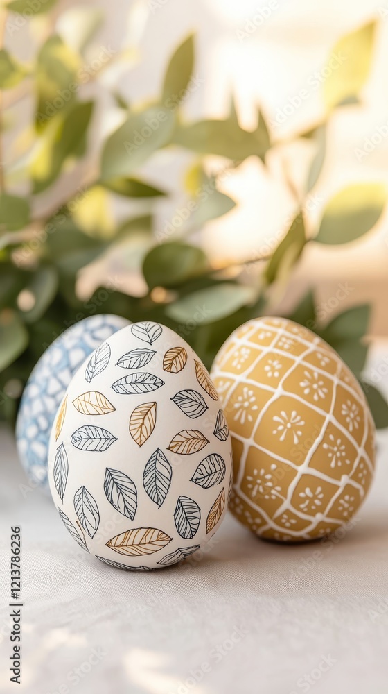 Poster Decorative Easter eggs with intricate patterns, surrounded by soft greenery, creating a charming springtime aesthetic.