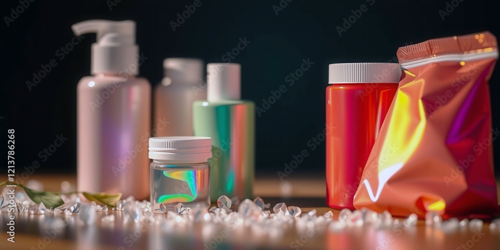 Poster a table with a variety of bottles and a bag. the bottles are of different colors and sizes, and the 