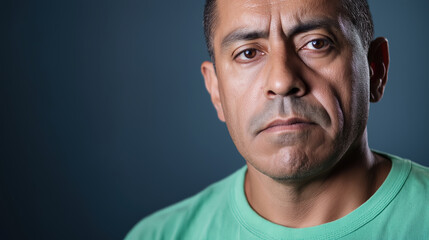 Fototapeta premium Man in green tshirt on dark background. Portrait and emotional content