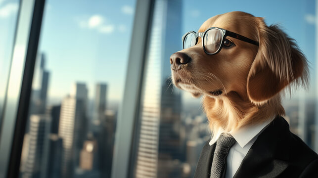 Dog in business suit with glasses near window. Corporate humor and pet lifestyle content