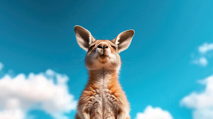 Kangaroo looking up at blue sky with clouds. Wildlife and nature content
