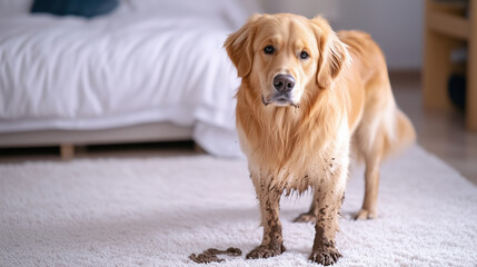 Golden retriever with dirty legs on white rug. Pet humor and home lifestyle content