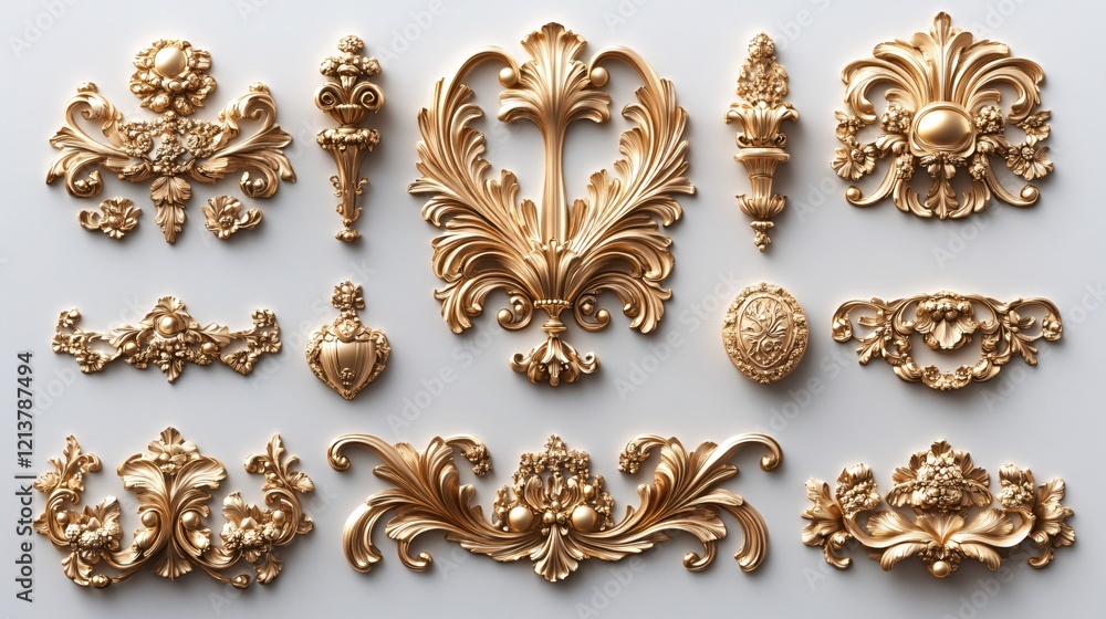 Poster ornate gold decorative elements on a white background creating a luxurious and elegant pattern