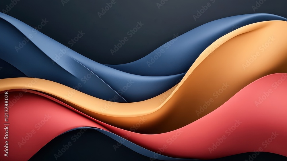 Poster a vibrant design featuring flowing waves of blue, orange, and red against a dark background, creatin