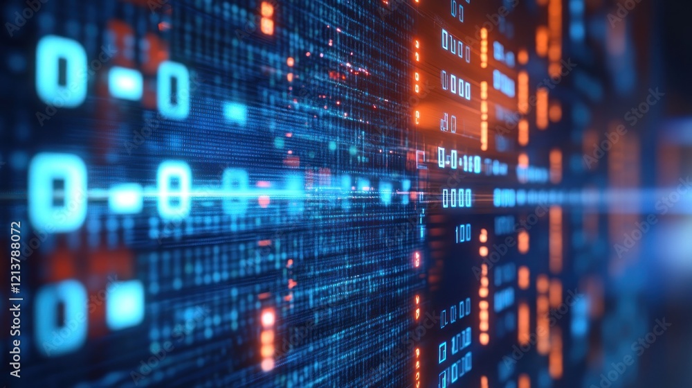 Poster digital data streams flow across server room wall