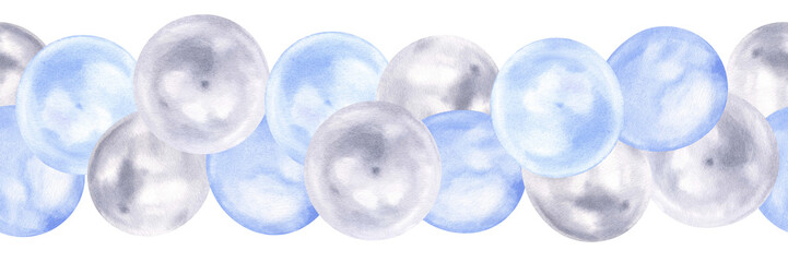 A seamless border of pastel balloons and ribbons in soft blue and silver tones, perfect for baby showers or gender reveal celebrations. The delicate watercolor design adds a charming, playful touch © Ekaterina