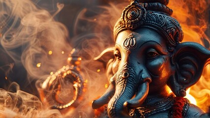 Ganesha statue, fire, smoke, Hindu ritual, spirituality
