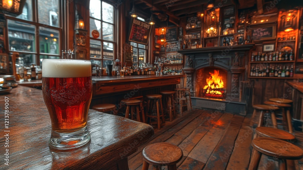 Poster a warm pub atmosphere features a glass of amber beer on a wooden table, near a crackling fireplace. 