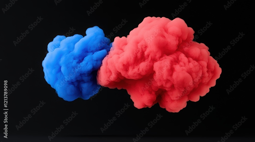 Poster Red & Blue Ink Exploding: An abstract, artistic image showcasing vibrant red and blue ink clouds exploding against a dark background.