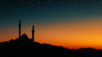 Mosque gradation banner at Sunset, silhouette of a small mosque on a hill, sky grading from bright orange to dark blue with the first stars starting to appear, Ai generated images