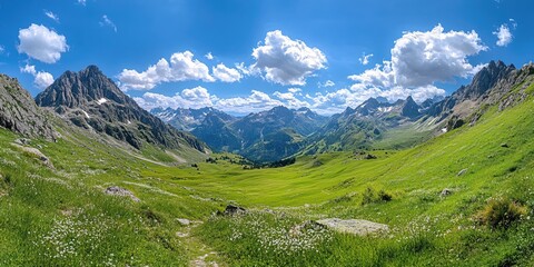 Fototapeta premium Mountain valley with green grass and white flowers under a bright blue sky with white clouds