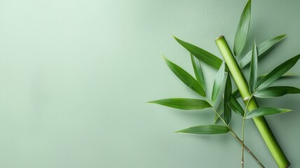 Fototapeta premium Serene Green Bamboo Leaves and Stalks on Sage Background Evocative of Tranquility and Natural Beauty