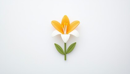 Naklejka premium A vibrant, artificial lily flower with orange and white petals against a clean, white background