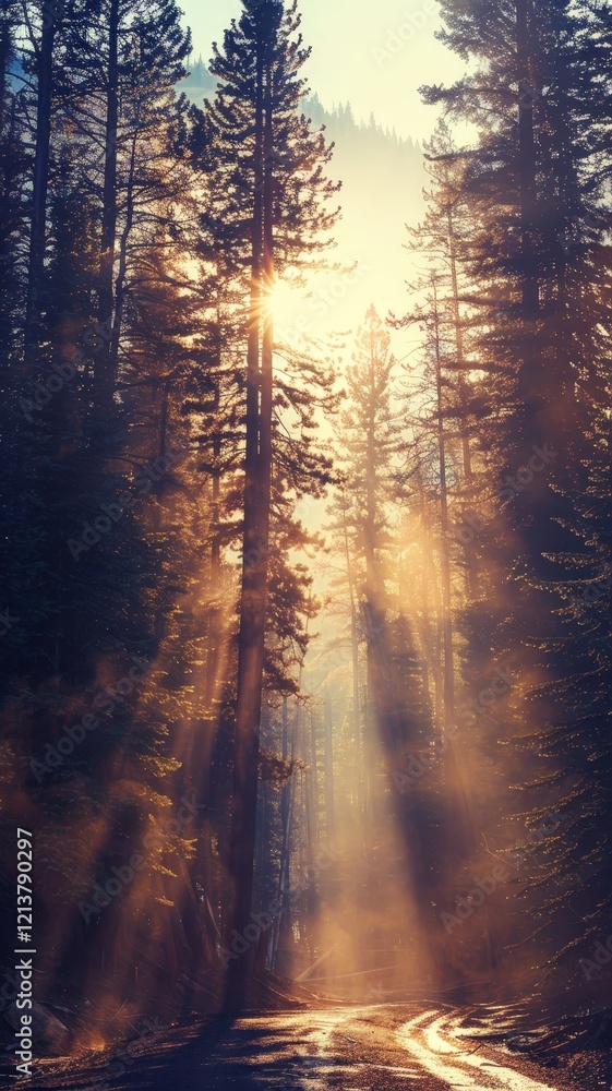Poster A serene forest scene featuring tall trees illuminated by sunlight, creating a mystical atmosphere with rays of light filtering through the foliage.
