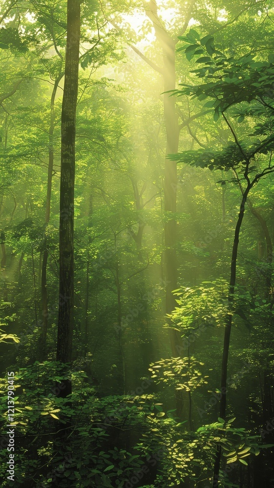 Poster a serene forest scene with sunlight streaming through the trees, creating a tranquil atmosphere fill