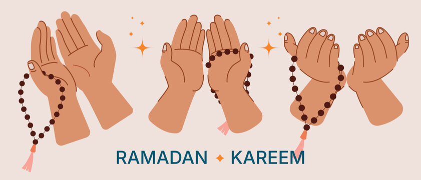 2d vector illustration hand holding rosary while praying in ramadan, ramadan kareem concept, musalim religion and traditional