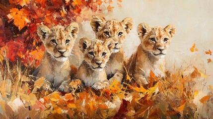 Obraz premium Four Lion Cubs Autumn Leaves Majestic Wildlife Painting