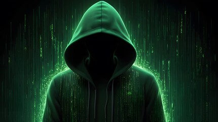 Mysterious Hacker in a Digital Matrix Background