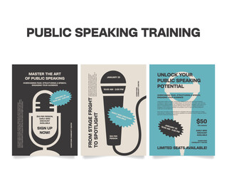 Banner templates inviting you to boost your confidence and communication skills with engaging public speaking training