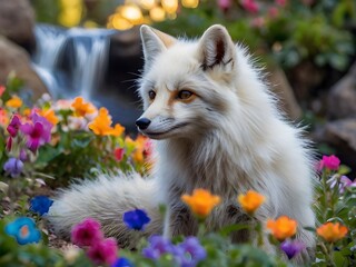A serene fox surrounded by vibrant flowers and cascading waterfalls, embodying nature's tranquility and beauty
