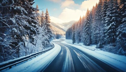 Fototapeta premium icy winter roads in the mountains with snowy trees