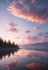 Obraz premium Stunning dawn sky with soft pastel clouds over lake, clouds, stunning