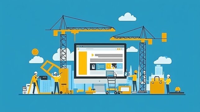 Website Construction Workers Building Digital Interface Online