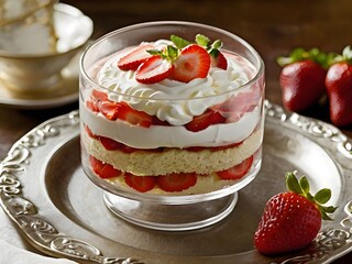 A delicious strawberry shortcake dessert in a glass, layered with fresh strawberries, whipped cream, and soft sponge cake. The vibrant colors and rich textures make it a perfect treat for any occasion