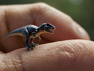 A miniature dinosaur perched on a fingertip, showcasing intricate details and a sense of wonder