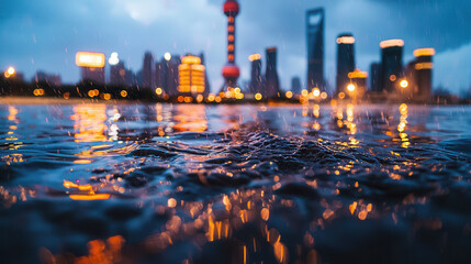 Fototapeta premium city skyline under torrential rain with reflections on water, creating dramatic and moody atmosphere