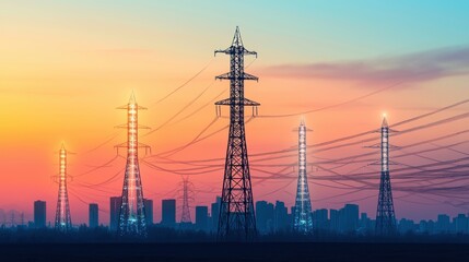 Electric Towers Silhouette at Sunset Over Cityscape