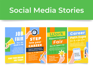 Obraz premium Web banners offering to explore employment opportunities at upcoming job fairs and exhibitions that will be held on various dates.