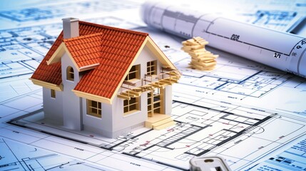 House model on blueprints, construction planning, office