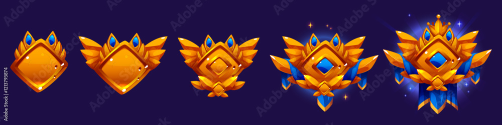 Aufkleber game progress level badges with increasing complexity - basic shield shape evolving into ornate roya