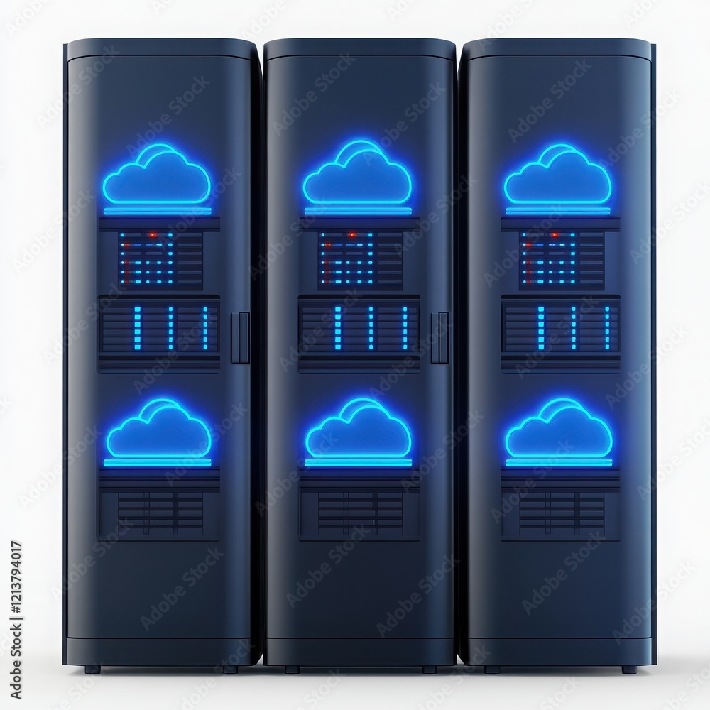 Poster modern data center with advanced cloud servers featuring glowing icons and digital screens, represen