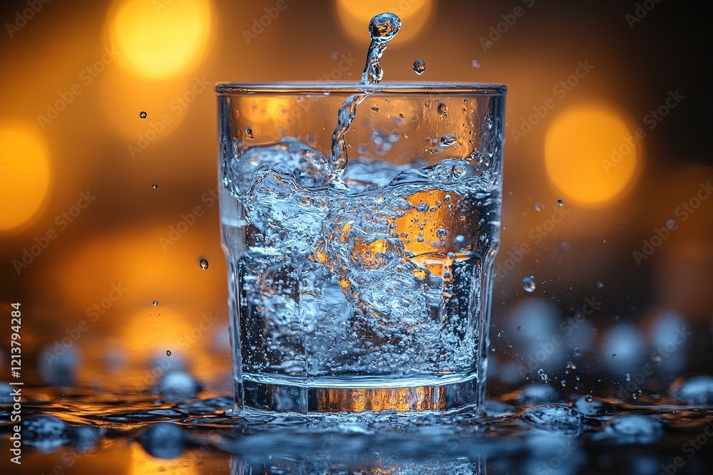 Poster water splashing into glass with ice on wet surface, bokeh background