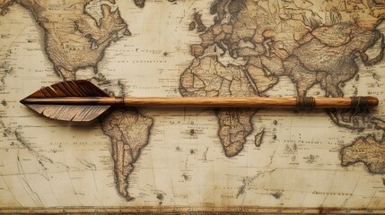 Obraz premium Wooden Arrow Resting Upon Antique World Map