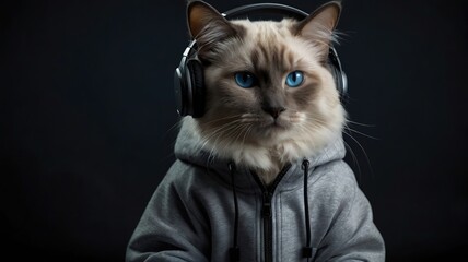 ragdoll cat in hoodie jacket with headset on dark background