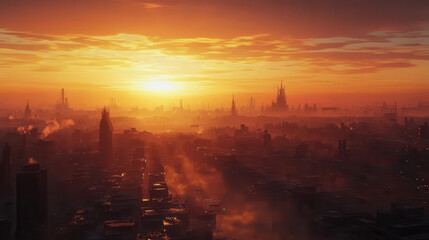 dystopian cityscape at sunset, with hazy orange sky and industrial silhouettes creating dramatic atmosphere