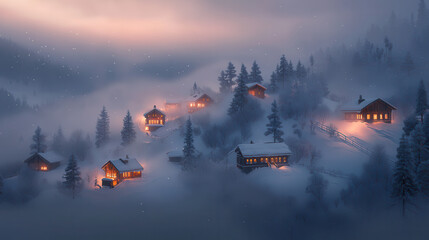 Fototapeta premium serene mountain village blanketed in snow, glowing warmly through misty winter evening, surrounded by tall pine trees and soft snowfall