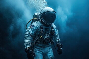 A diver in a US astronaut costume stands at great depth