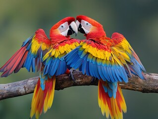 Naklejka premium Scarlet Macaws Affectionate Embrace Vibrant Tropical Birds Nature Wildlife Beauty
