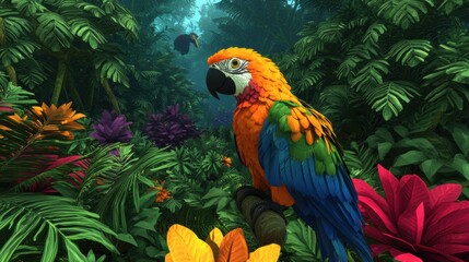 Fototapeta premium Vibrant Macaw in Lush Tropical Paradise A Digital Painting