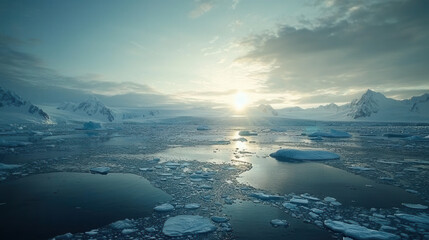 frozen sea with towering icebergs reflecting faint sunlight under cloudy sky