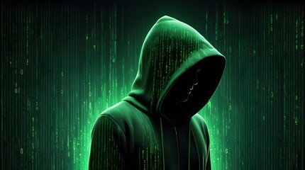 Mysterious Hacker in a Digital Matrix Background