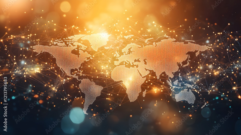 Poster global network connection illuminating world map