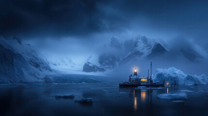 Fototapeta premium futuristic polar research station illuminated at night, surrounded by icy waters and towering glaciers under dramatic, cloudy sky