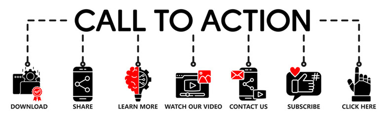 Fototapeta premium Call to action banner website icon vector illustration concept with icon of download, share, learn more, watch our video, contact us, subscribe, and click here on white background